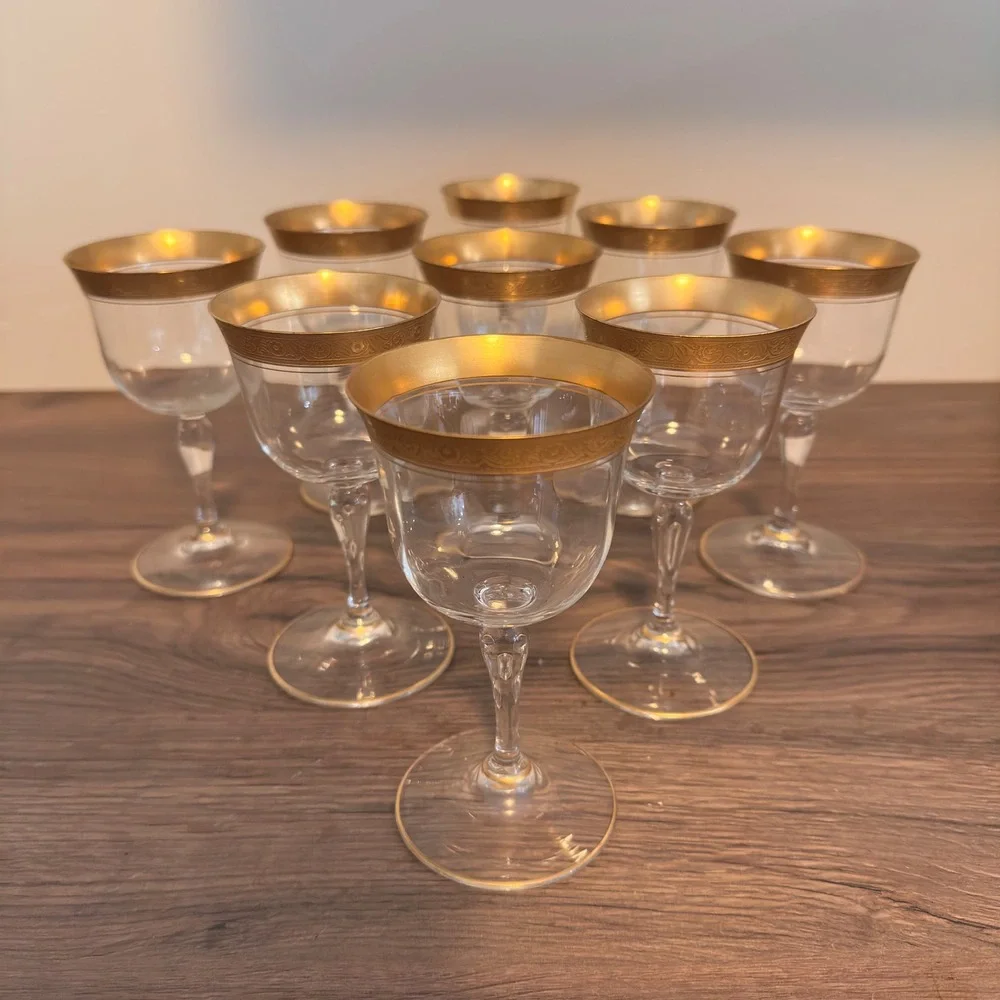 Tiffin Gold Encrusted Crystal Cordial Wine Glasses Set of 9 Scroll Rim MCM Deco